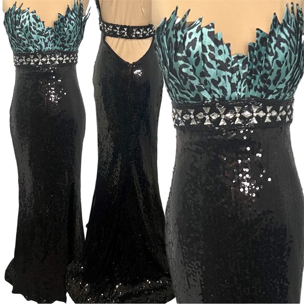 Terani Couture Sequin Beaded Strapless Backless Maxi Prom Dress Turquoise/Black